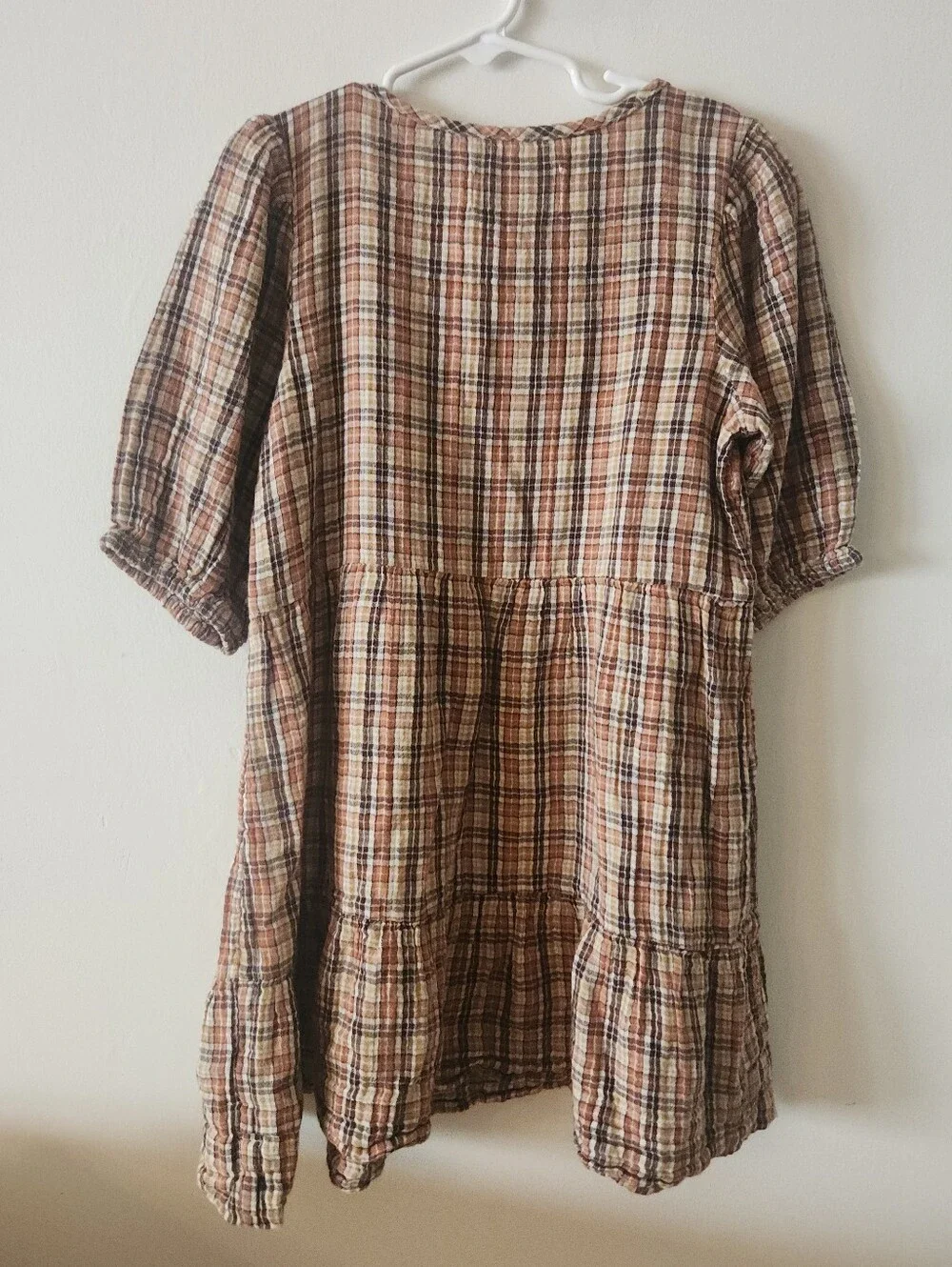 Brown Plaid Cottagecore 100% Indian Cotton Puff Sleeve Dress